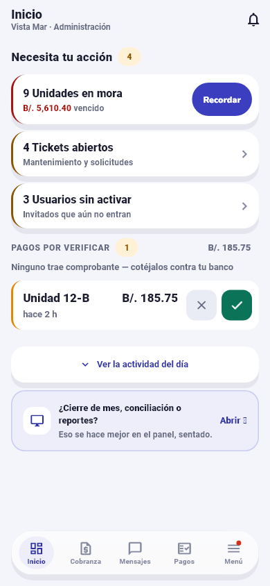 Inicio de la app de administración con pendientes y pagos por verificar; datos de ejemplo.